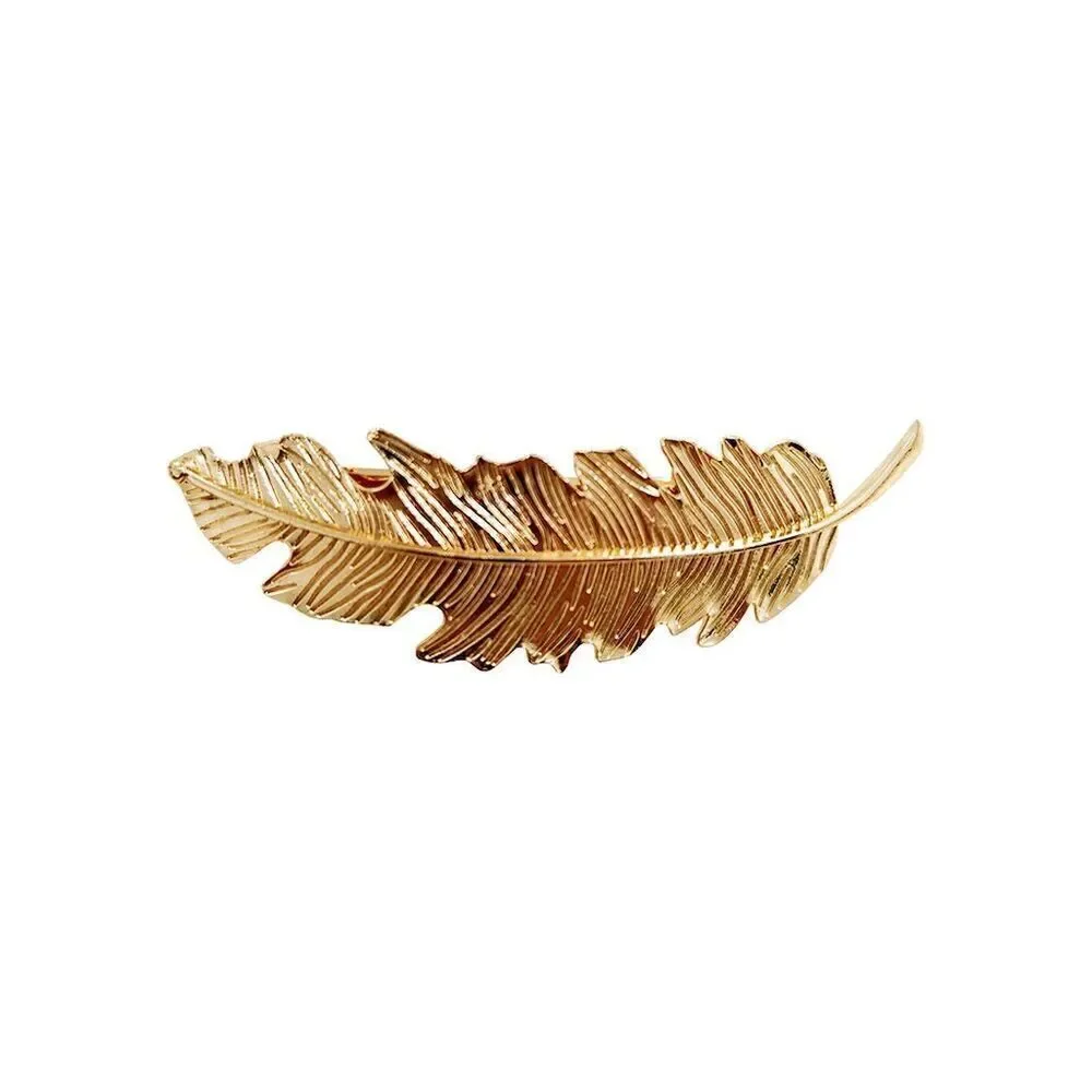 Gold Tone Leaf Feather Hair Barrette Clip Lightweight Classic Chic Boho Fall